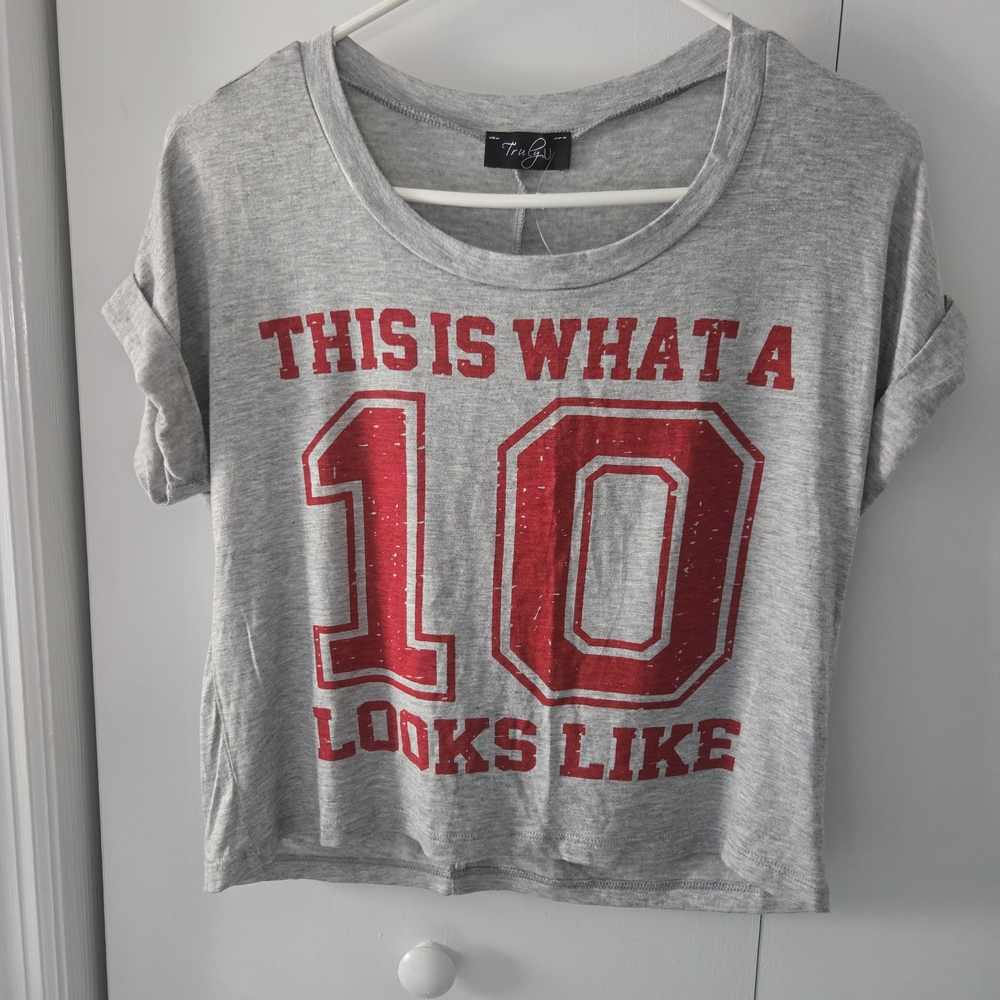 Womens Grey Graphic Tee with Red '10' Print -